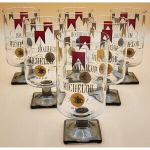 Set Of Six (6) Vintage Michelob Beer Glasses Square Footed Stem Base